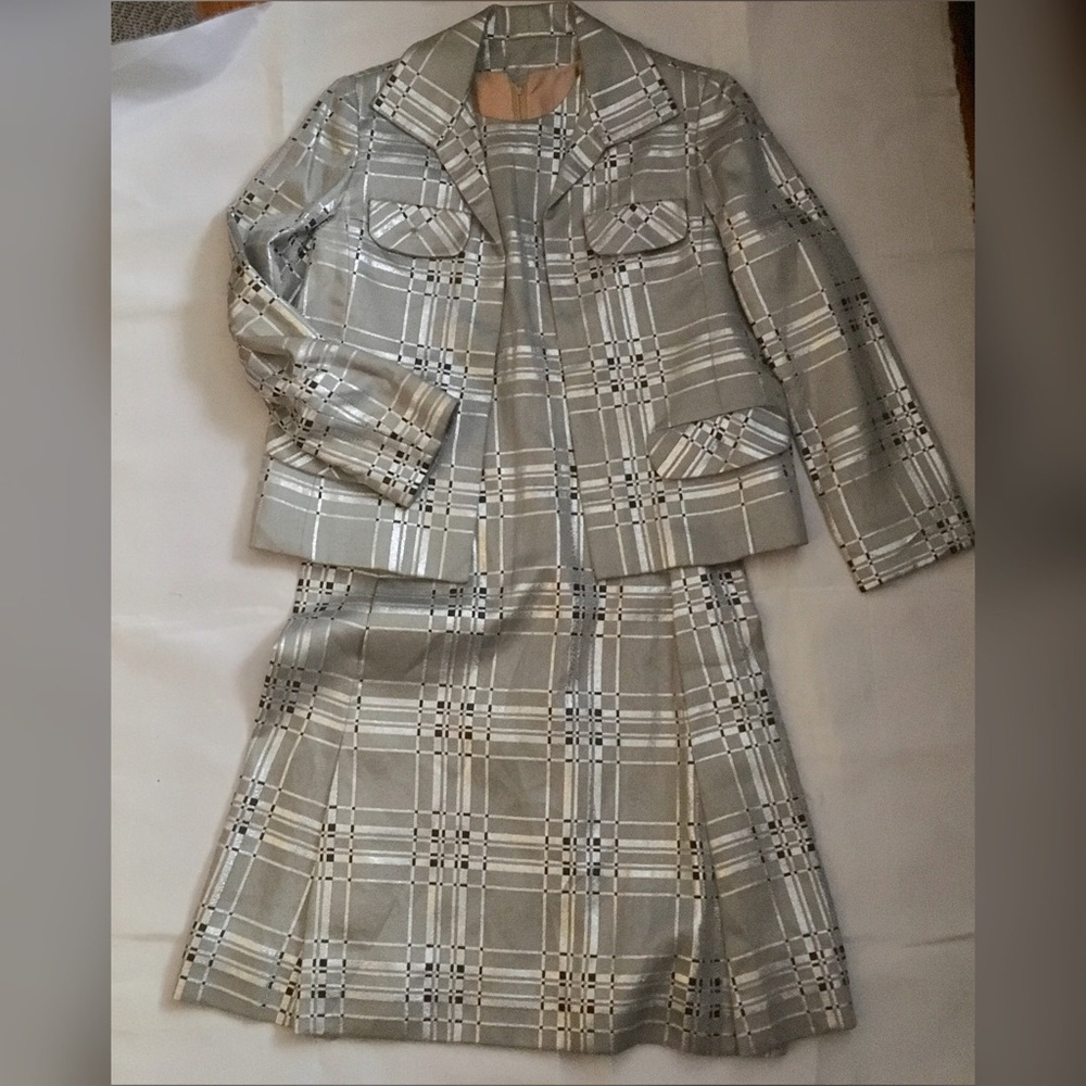 Vintage 60s metallic plaid shift dress jacket set